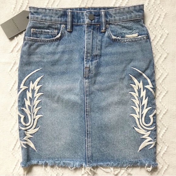NWT All Saints Philly Denim Embroidered Mini Skirt 2 - Picture 1 of 11
